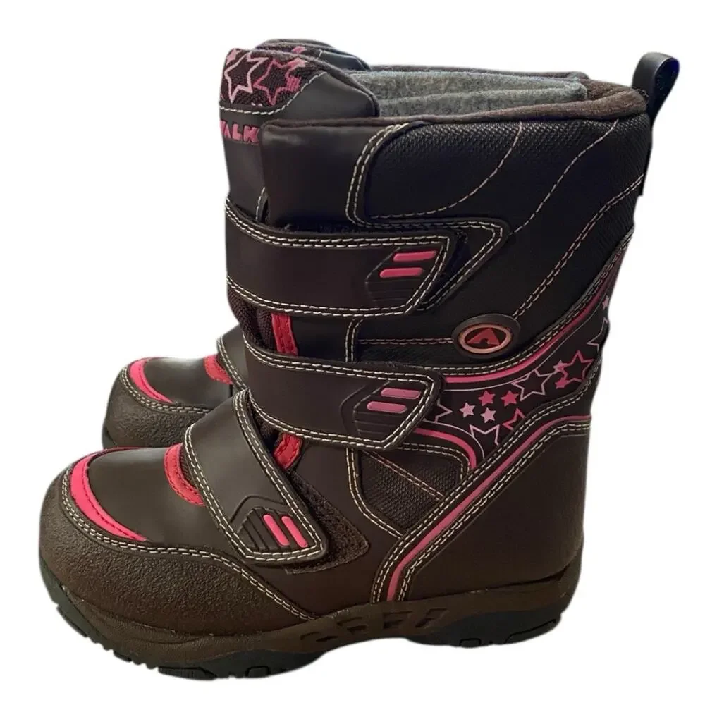 Airwalk Toddler Girls Snow Boots 10 Brown Pink Easy Fasten Waterproof Faux Lined